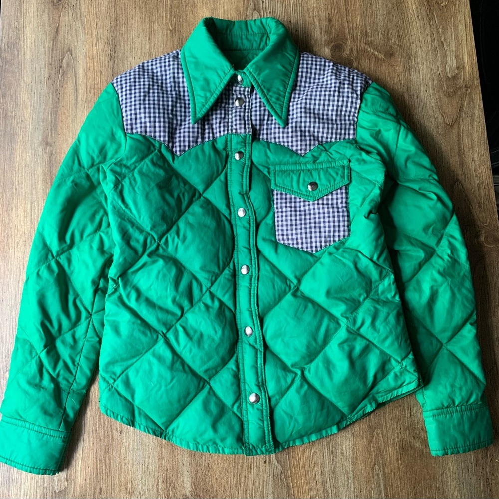 Vintage Robbe Quilted Puffer Jacket Western Style Blue Gingham Green